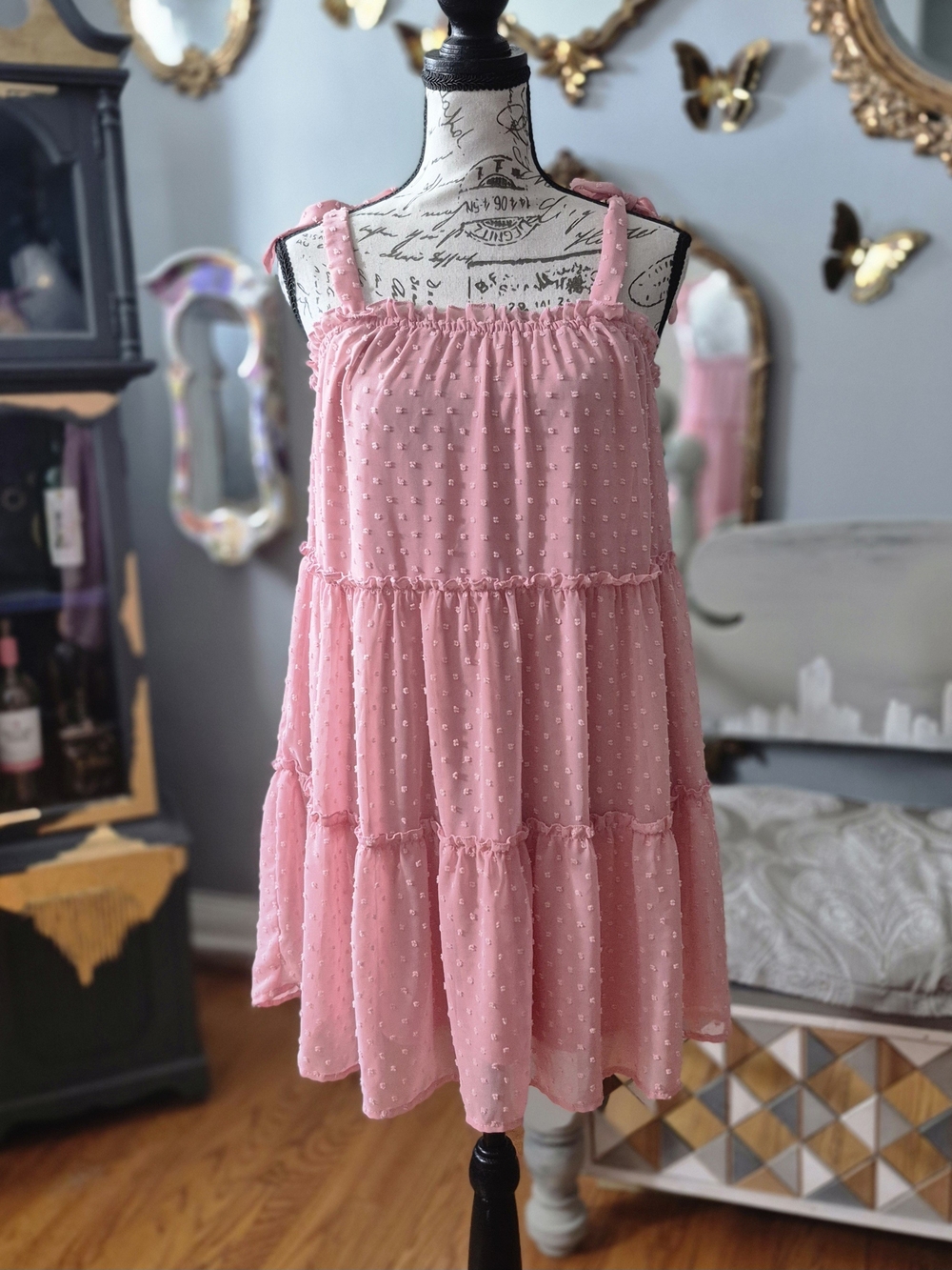 Barbiecore Baby Doll Pink Swiss Dot Tiered Mini Dress Small
